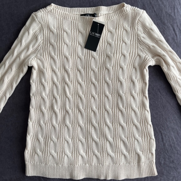 LAUREN Ralph Lauren Cable-Knit Cotton Boatneck Sweater in Winter Cream sz M - Picture 5 of 5